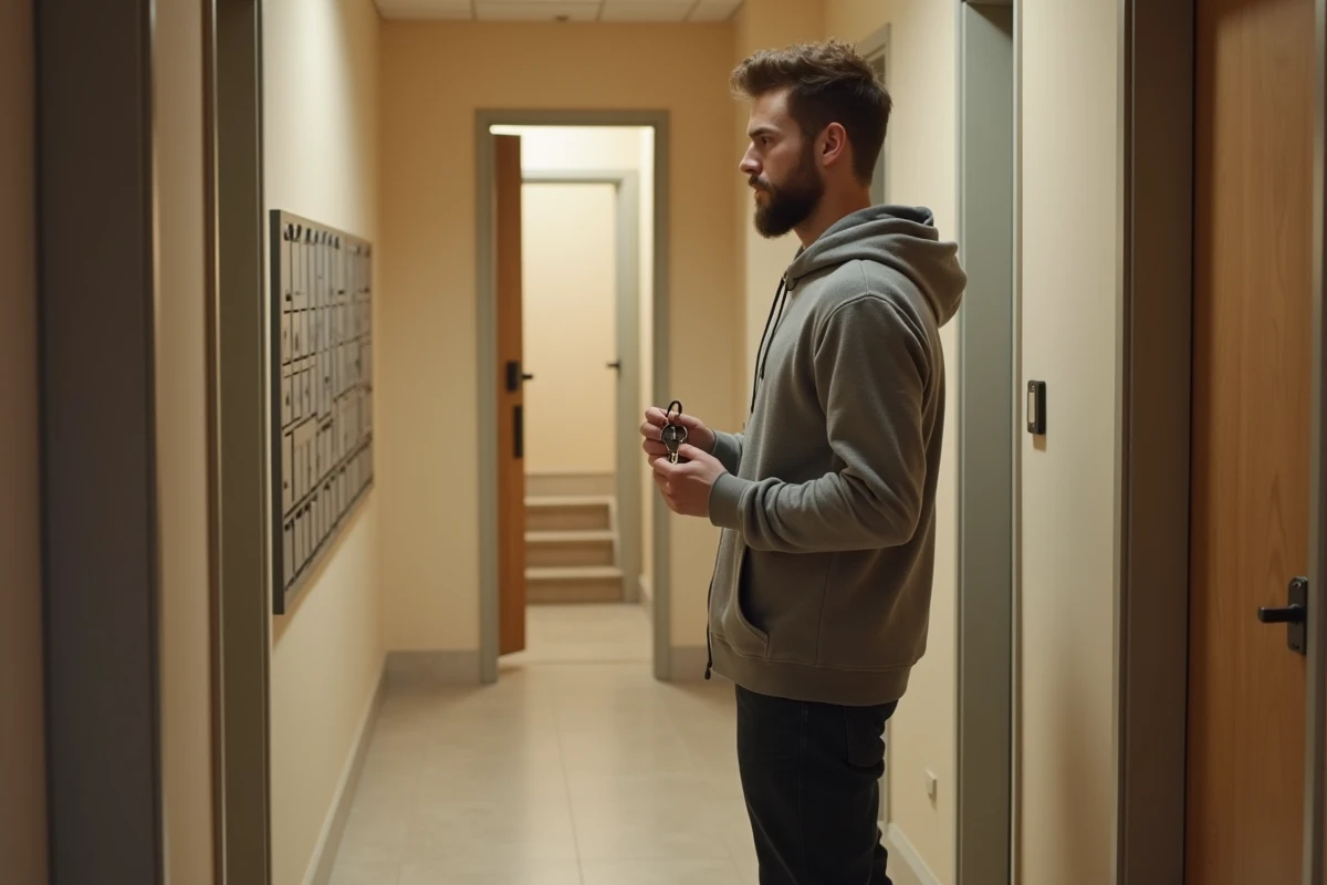 Jeune actif visitant un appartement T3 dans un immeuble résidentiel urbain