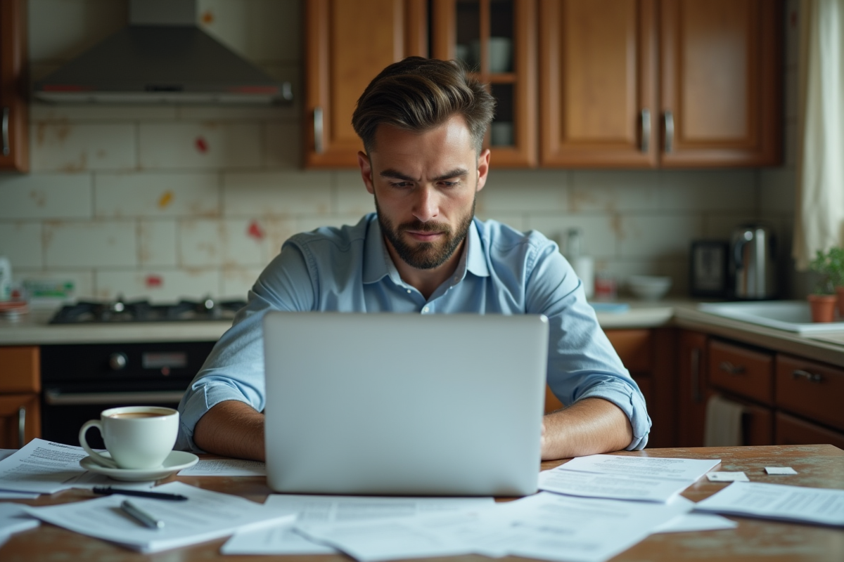 Jeune conseiller fiscal dans une cuisine en désordre