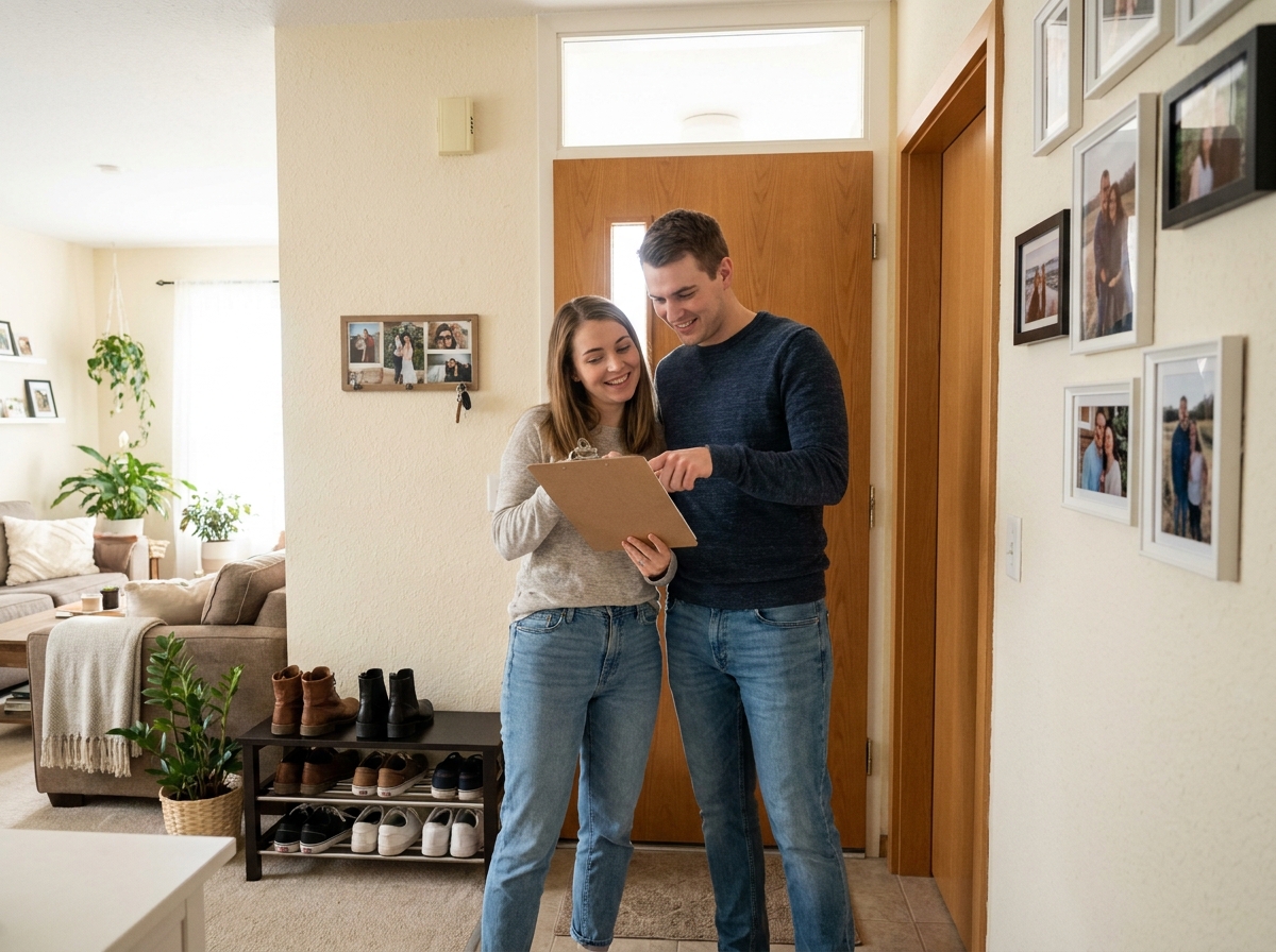 Jeune couple discutant assurance habitation dans l