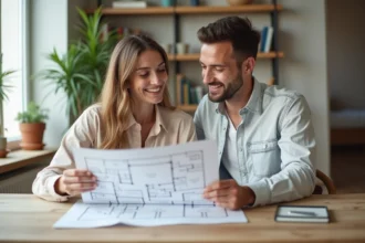 Jeune couple souriant examine des plans de maison ensemble