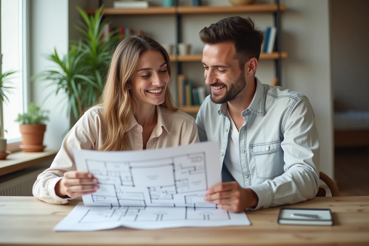 Jeune couple souriant examine des plans de maison ensemble