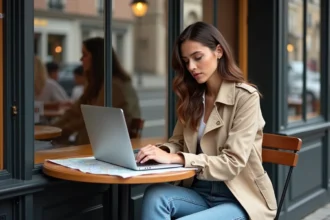 Jeune femme dans un café parisien avec ordinateur et carte