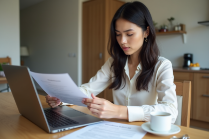 Jeune femme examine un contrat de location dans sa cuisine