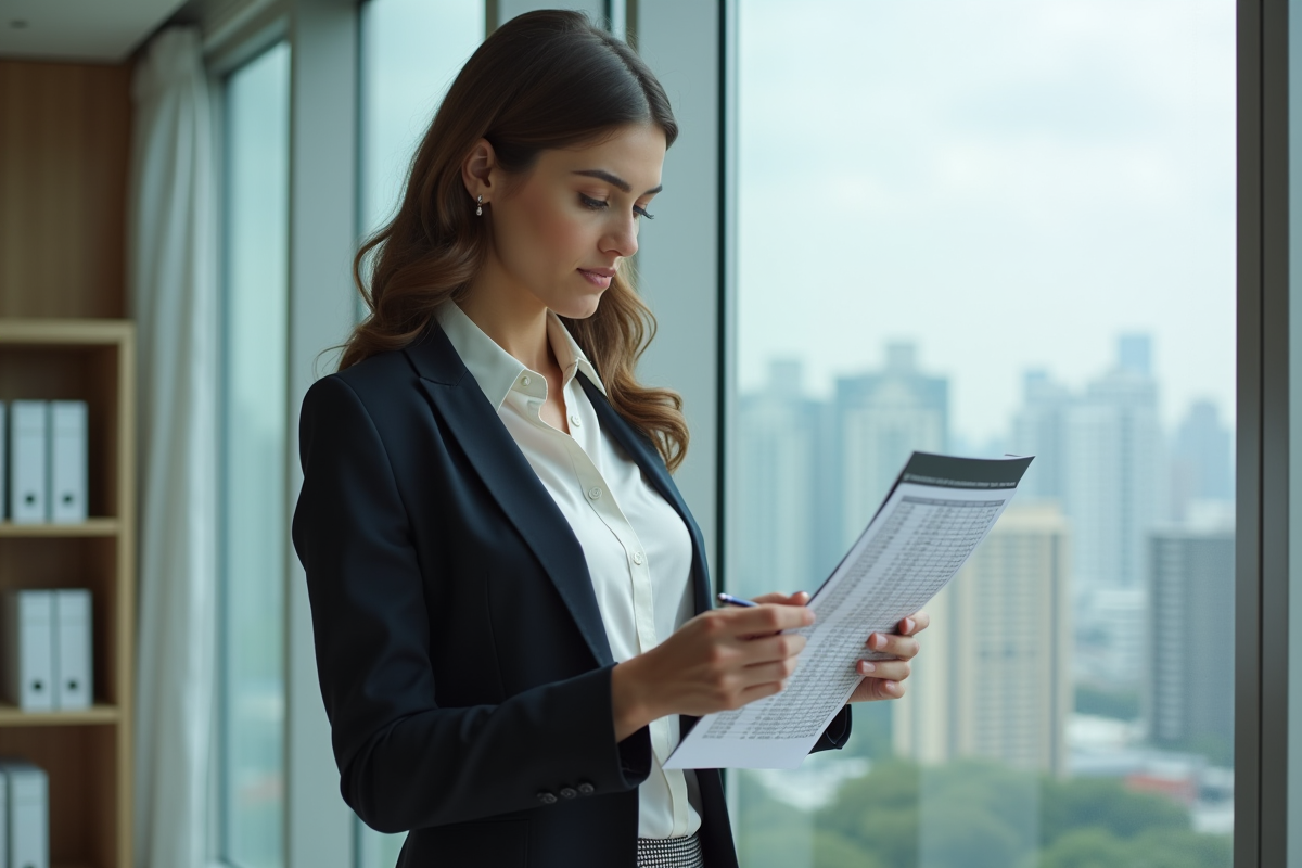 Jeune femme professionnelle étudiant un calendrier de paiement immobilier
