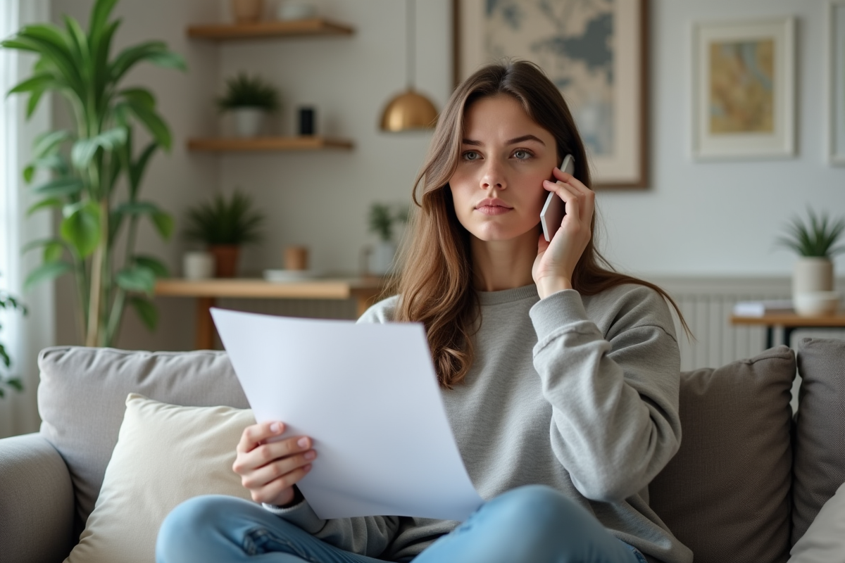Jeune femme parlant au téléphone avec un contrat de location
