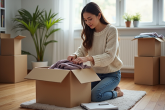 Jeune femme plie des vêtements dans une boîte à la maison