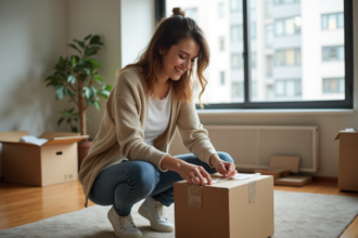 Jeune femme emballant une boxe de déménagement dans un appartement lumineux