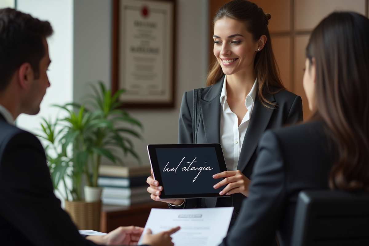 Jeune femme professionnelle montrant une signature sur tablette