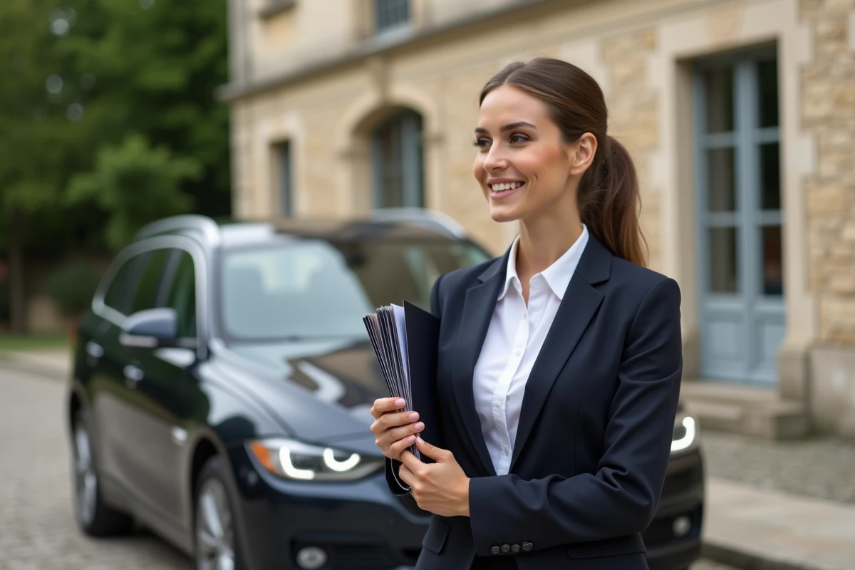 Jeune femme professionnelle posant avec une voiture à Limoges