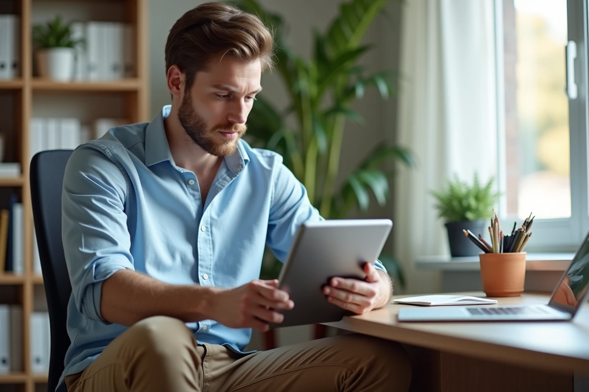 Jeune homme regardant une tablette dans un bureau lumineux