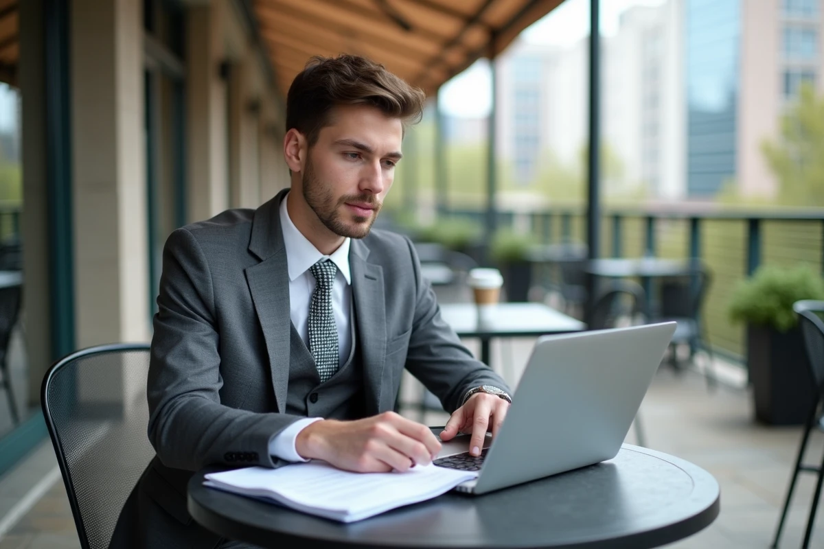 Jeune homme organisant des papiers sur une terrasse de café