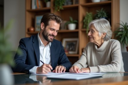 Jeune homme en blazer examine un contrat de location avec sa mère
