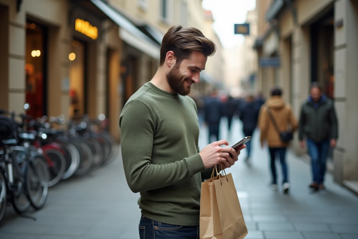 Jeune homme dans une rue piétonne avec sac et smartphone