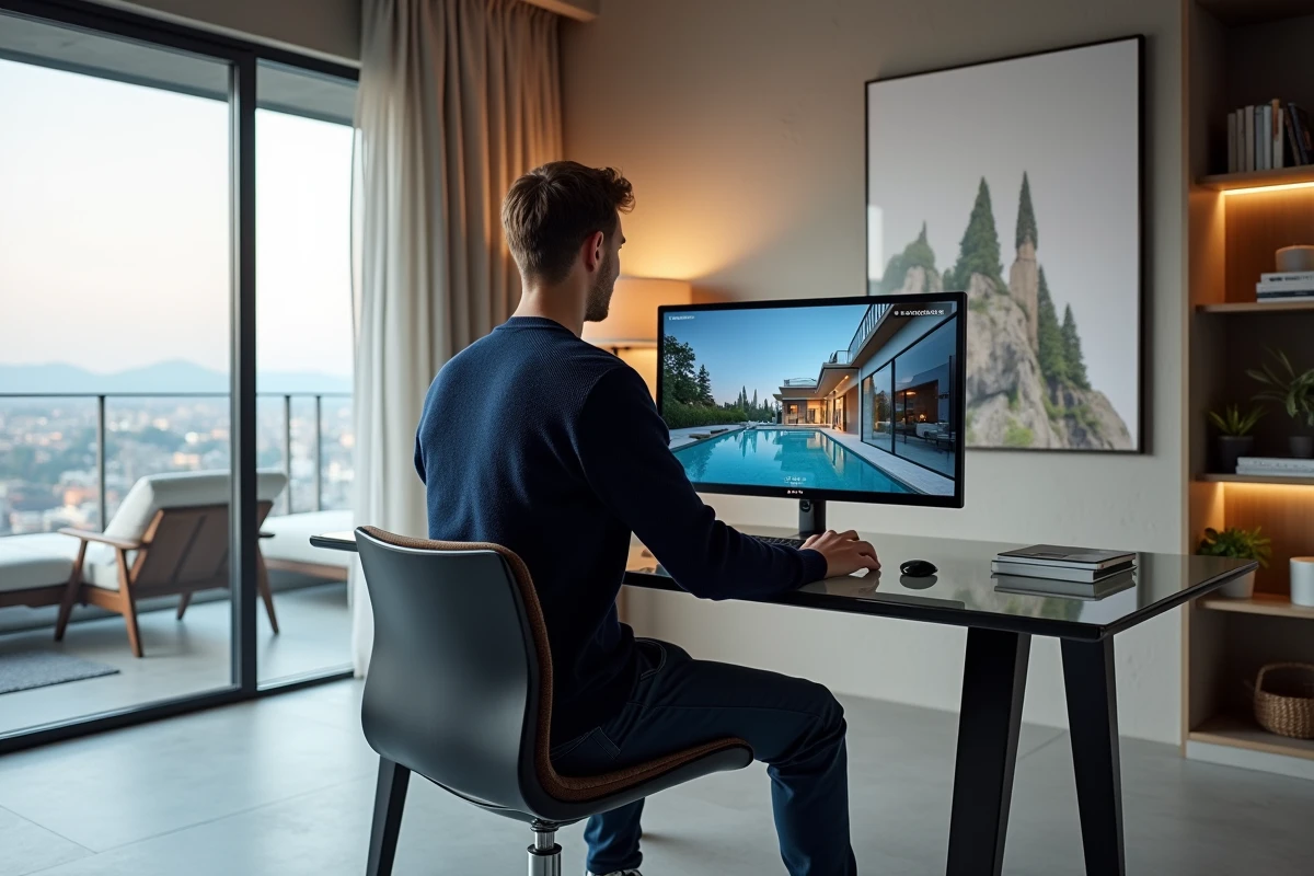 Jeune homme regardant un tour virtuel dans un bureau moderne