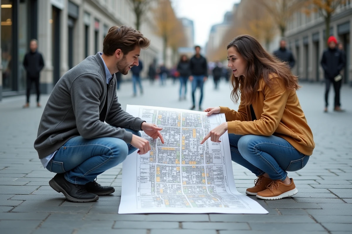 Jeunes urbanistes examinent un plan d