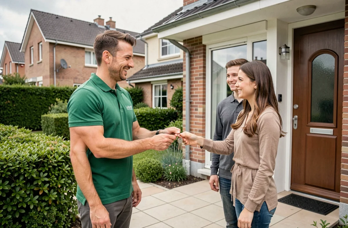 Agent Laforêt remettant les clés d'une maison à un couple d'acheteurs dans le Nord