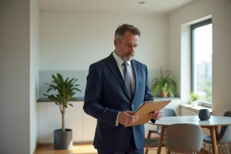 Homme en costume bleu examinant documents locatifs dans un appartement lumineux