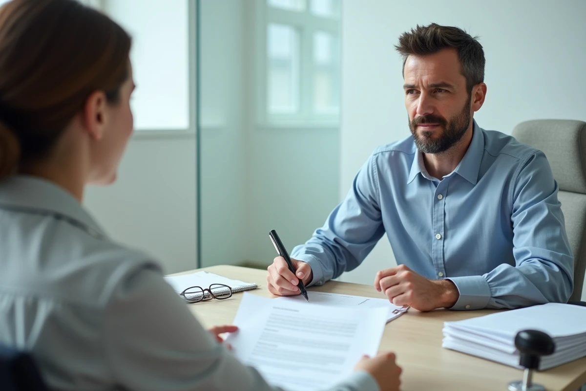 Locataire et notaire examinant un contrat de bail lors d'une consultation sur les règles du congé immobilier en France