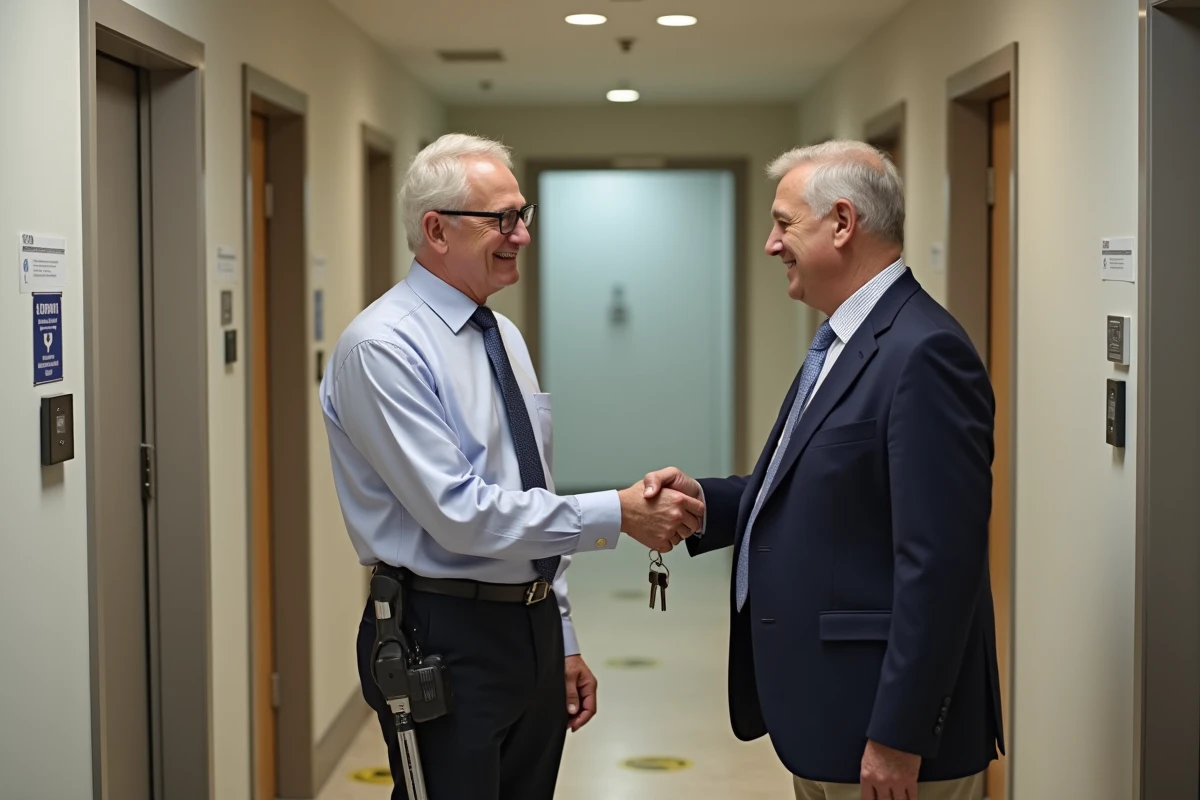 Loyer remettant des clés à un jeune avec prothèse dans un couloir