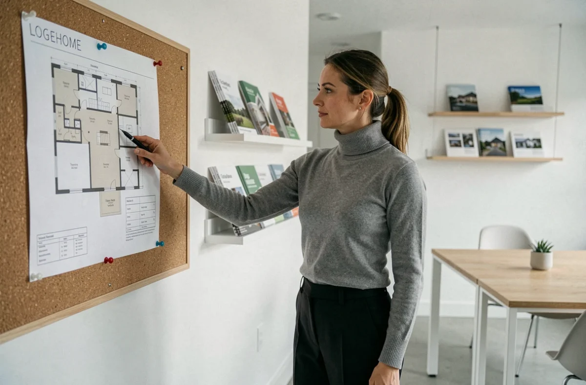 Agente Logehome présentant un plan d'appartement dans une agence minimaliste du Nord
