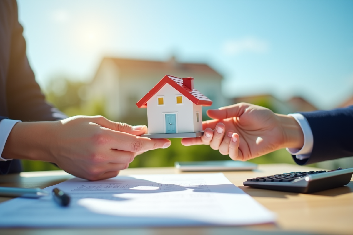 Main échangeant une petite maison sur fond de ciel bleu en extérieur