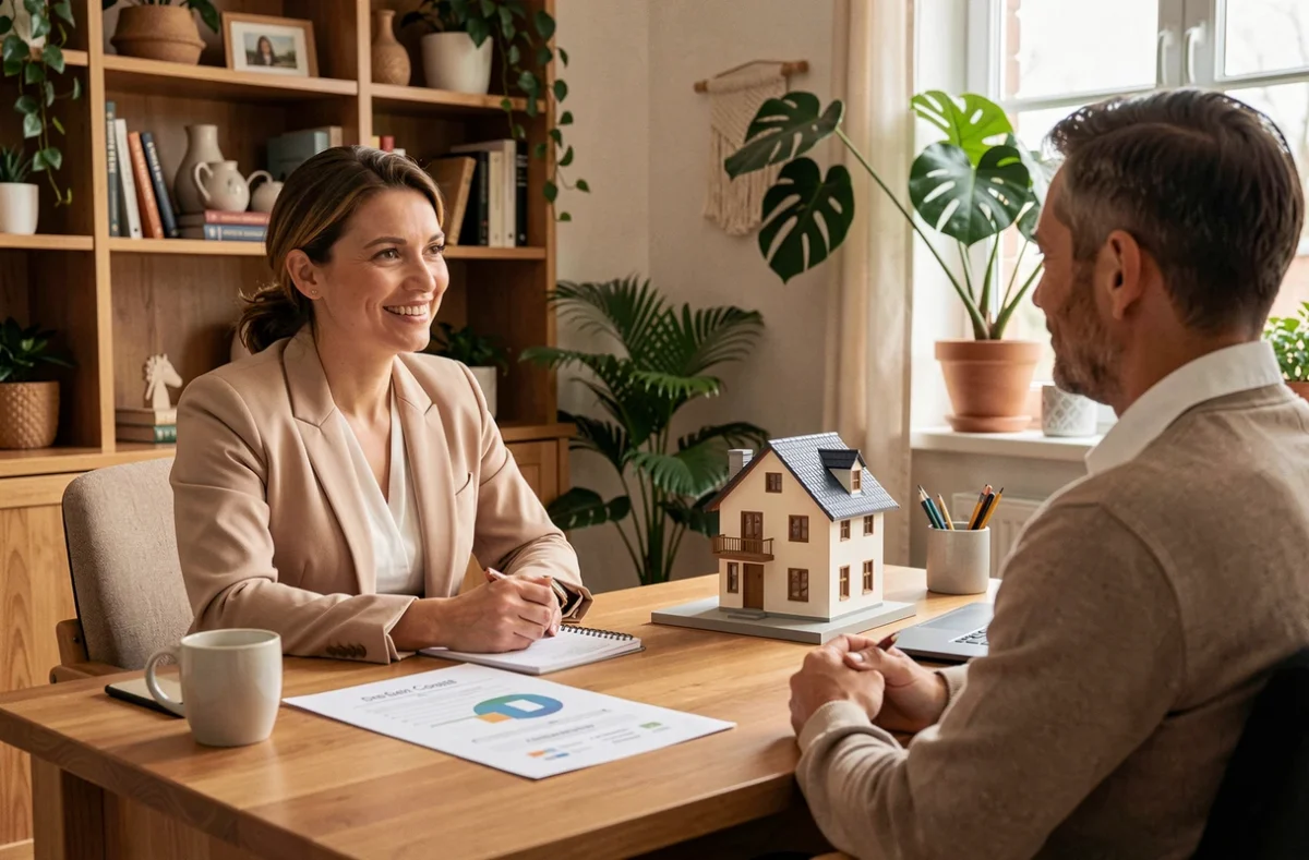 Consultante de Maison 7e Sens discutant d'un projet immobilier avec un couple dans un bureau chaleureux