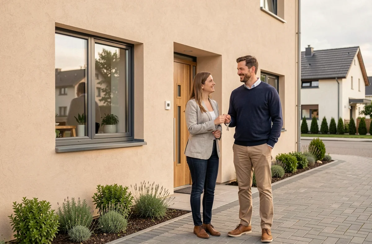 Couple devant leur maison individuelle neuve construite par un constructeur local en Meurthe-et-Moselle près de Nancy