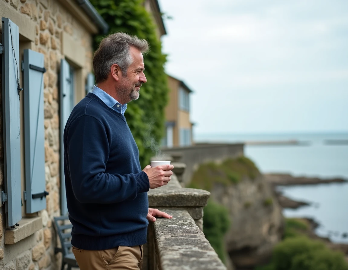 Propriétaire devant une maison normande en colombages avec vue sur la mer et le port