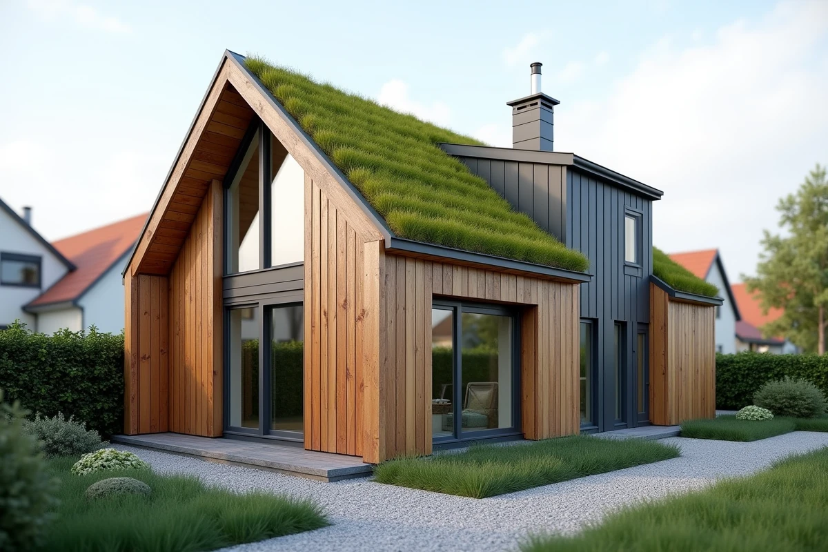 Maison passive à ossature bois achevée avec bardage bois et grandes fenêtres triple vitrage en milieu résidentiel