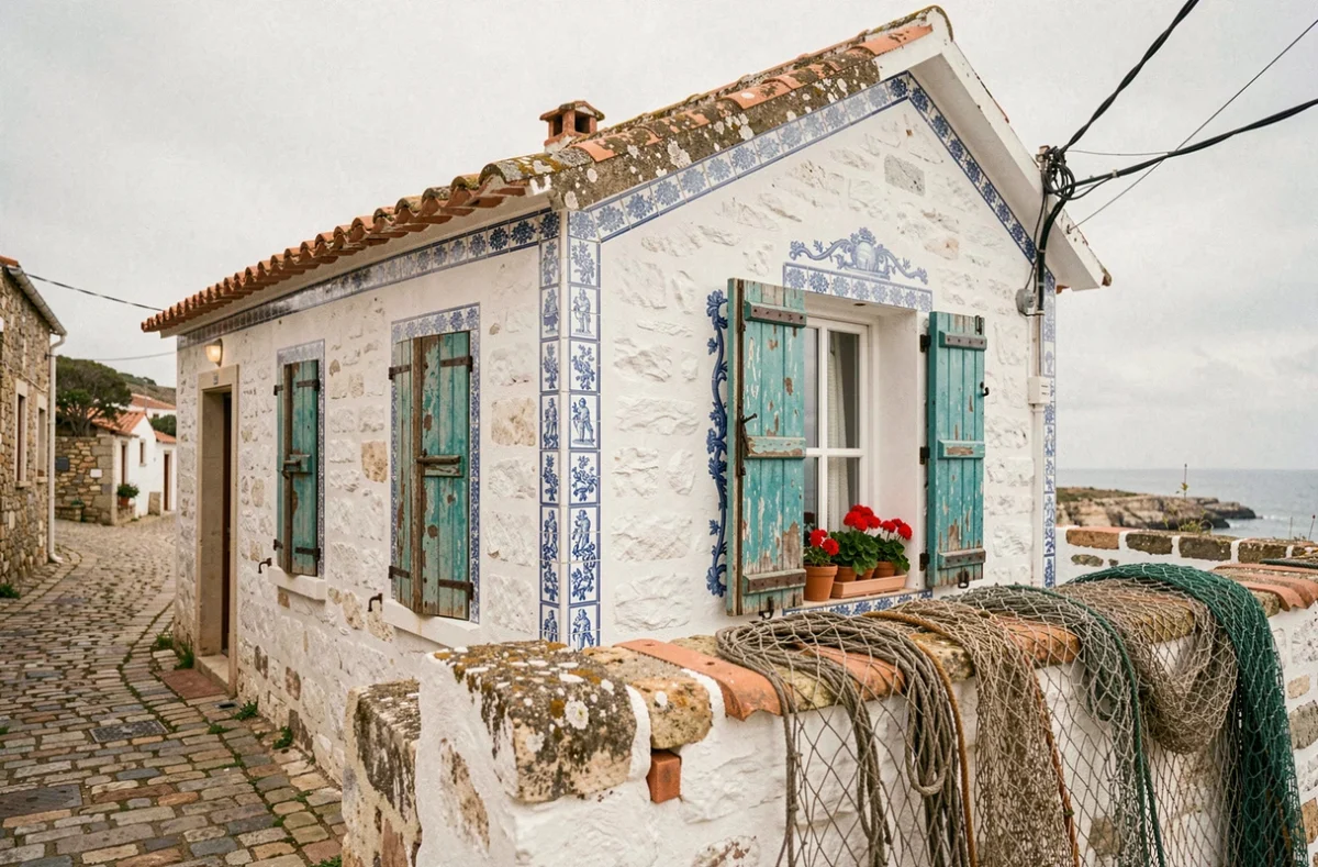 Petite maison de pêcheur portugaise à vendre avec façade blanchie, volets turquoise et carreaux azulejos traditionnels dans un village côtier