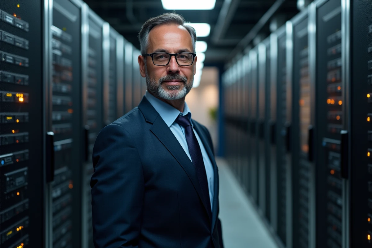 Manager IT en salle serveurs avec racks et câbles