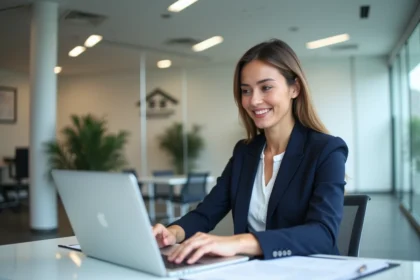 Mandataire immobilière consultant le logiciel Liloo BSK sur son ordinateur portable dans une agence moderne