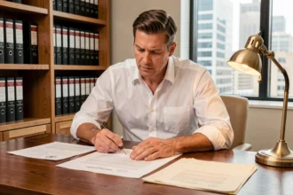 Marchand de biens consultant des actes notariés et documents de frais de notaire sur un bureau en bois dans un office notarial