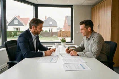 Scène de consultation entre un courtier immobilier et un couple dans un bureau moderne des Yvelines