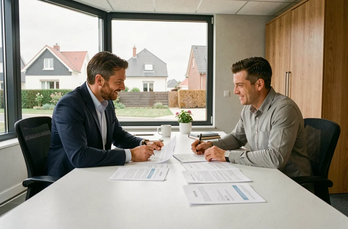 Scène de consultation entre un courtier immobilier et un couple dans un bureau moderne des Yvelines