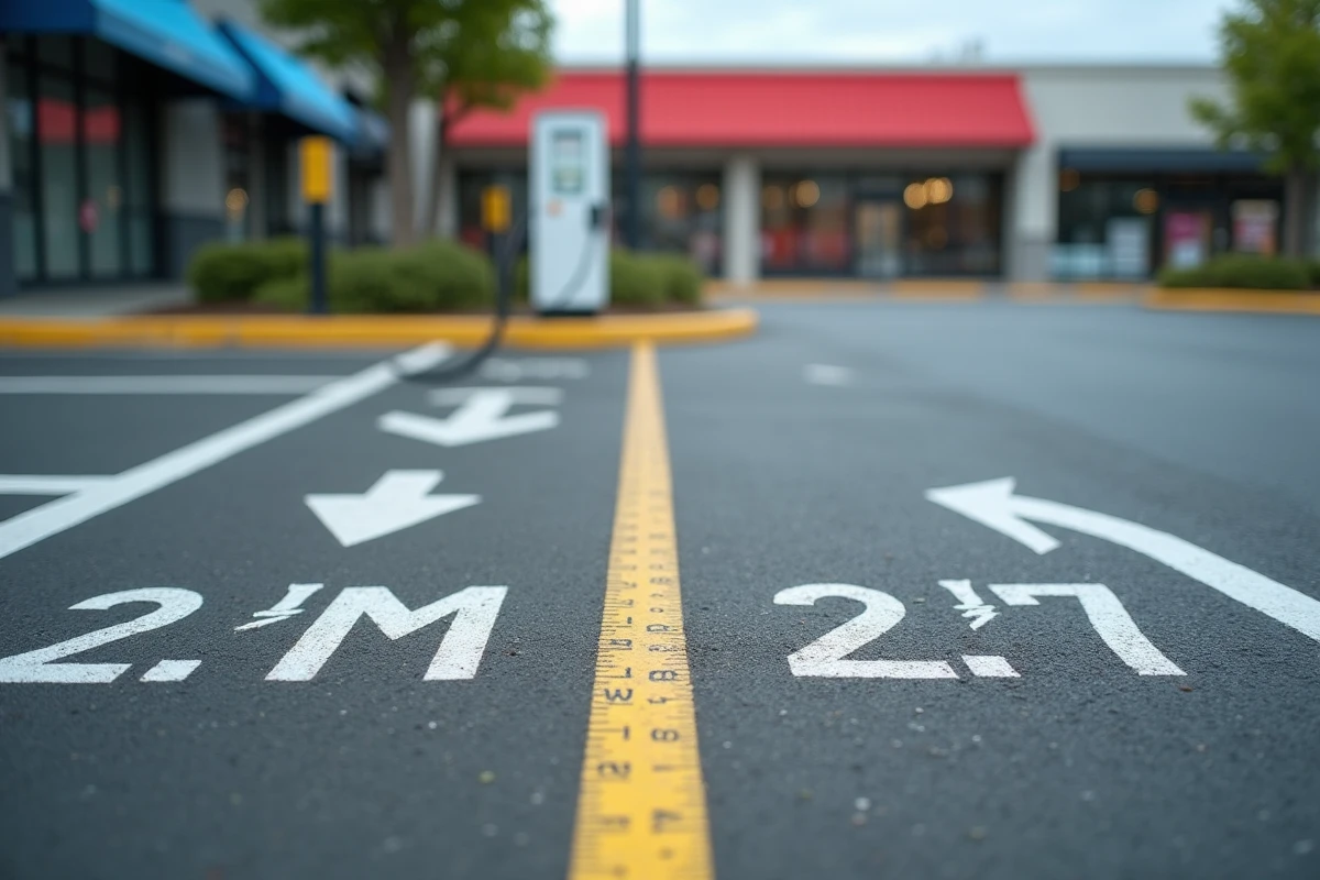 Mesure au sol d'une place de parking élargie pour véhicule électrique avec mètre ruban et marquage des dimensions réglementaires