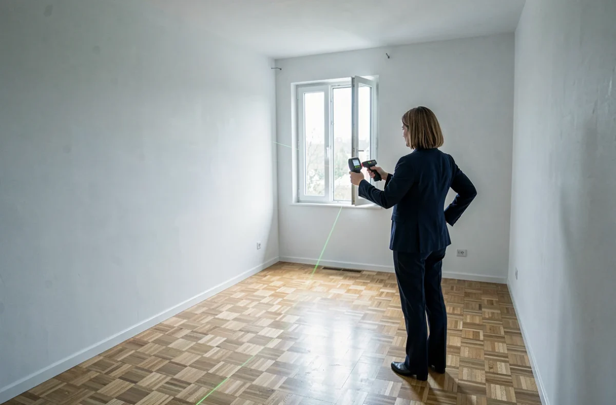 Femme mesurant la superficie d'un appartement vide avec un télémètre laser lors d'une vérification immobilière
