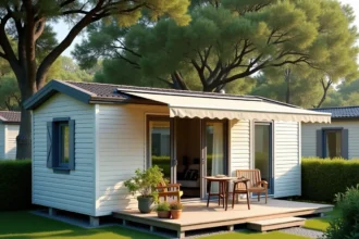 Mobil-home moderne installé dans un camping résidentiel en France entouré d'arbres et d'une terrasse en bois
