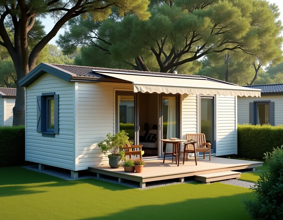 Mobil-home moderne installé dans un camping résidentiel en France entouré d'arbres et d'une terrasse en bois