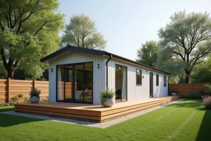 Mobil home moderne installé sur un terrain privé rural avec jardin clôturé et arbres en arrière-plan, utilisé comme résidence principale