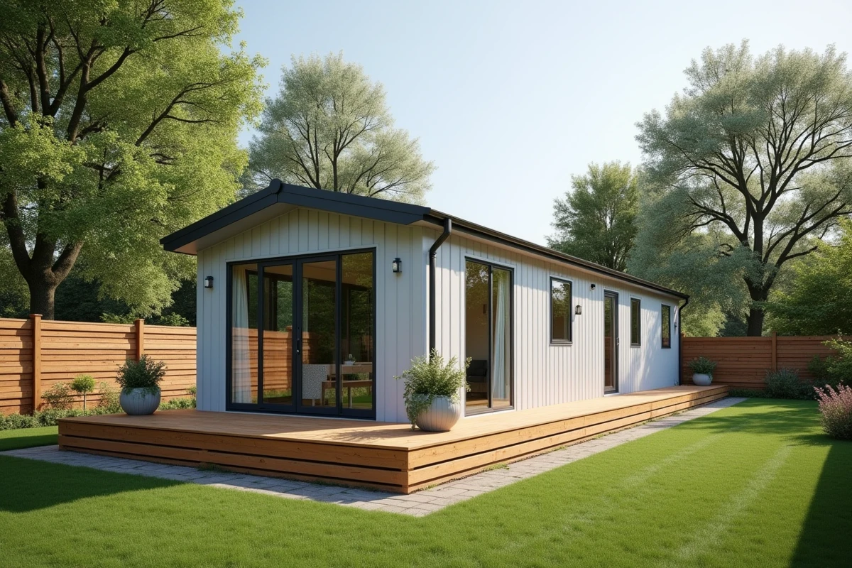 Mobil home moderne installé sur un terrain privé rural avec jardin clôturé et arbres en arrière-plan, utilisé comme résidence principale