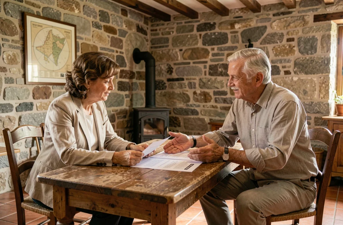 Négociation du prix d'une petite maison de pêcheur au Portugal entre un acheteur et un agent immobilier autour d'une table rustique