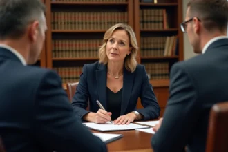 Notaire femme expliquant un document juridique à un couple dans un bureau avec bibliothèque de droit