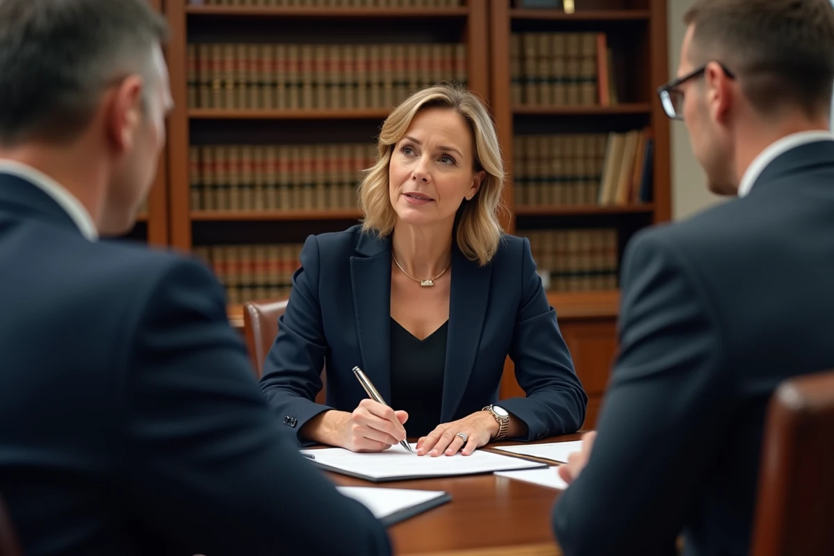Notaire femme expliquant un document juridique à un couple dans un bureau avec bibliothèque de droit