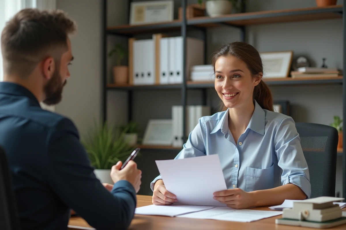 Jeune femme et notaire discutant de documents au bureau