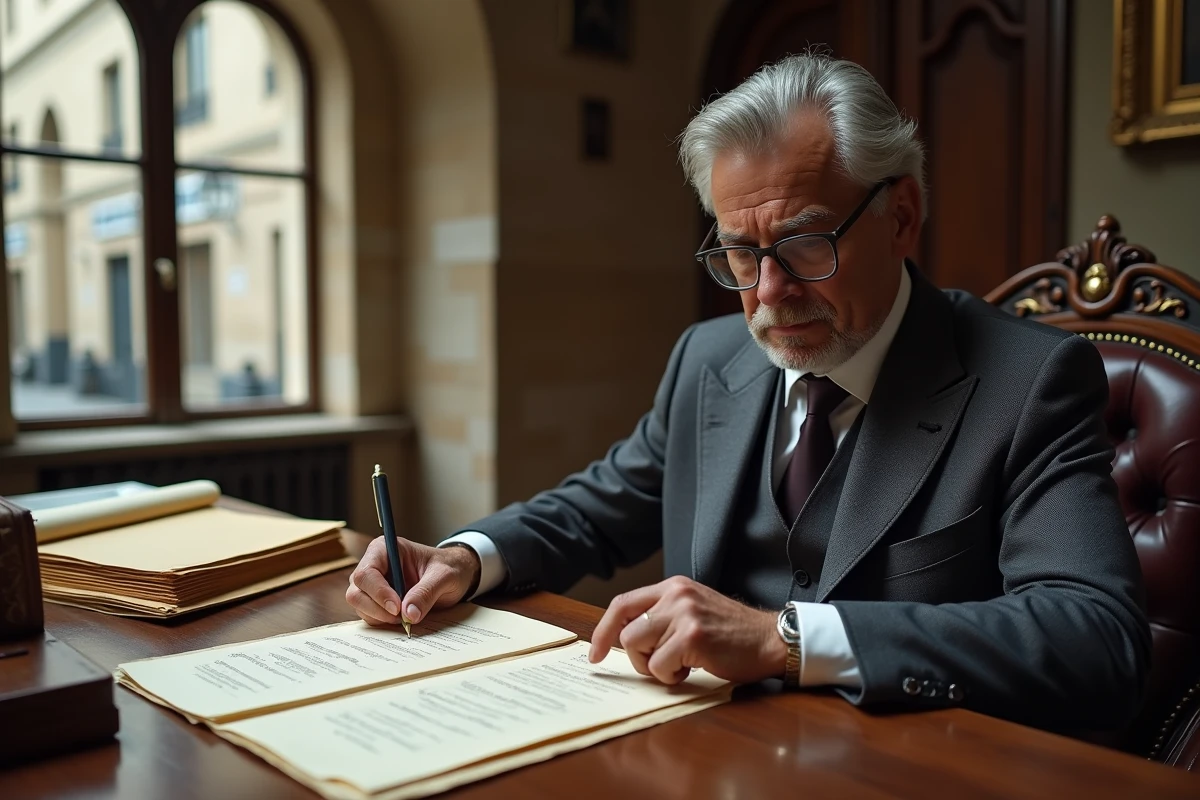 Notaire homme concentré sur un dossier juridique dans un cabinet notarial traditionnel