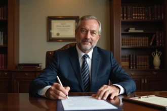 Notaire en costume signant un document de transaction automobile