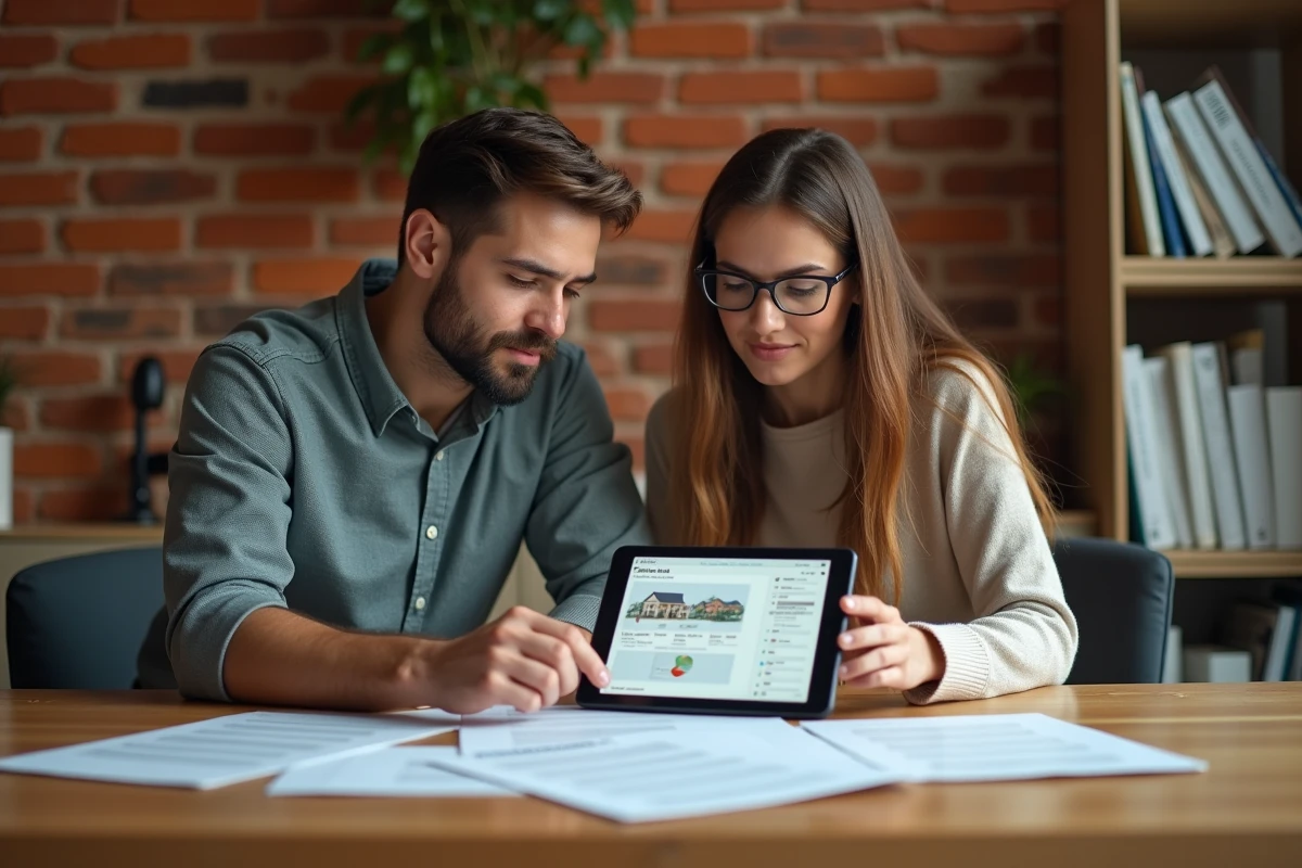 Deux nouveaux mandataires immobiliers collaborant sur les documents de mandat et l'interface Liloo BSK depuis un bureau à domicile