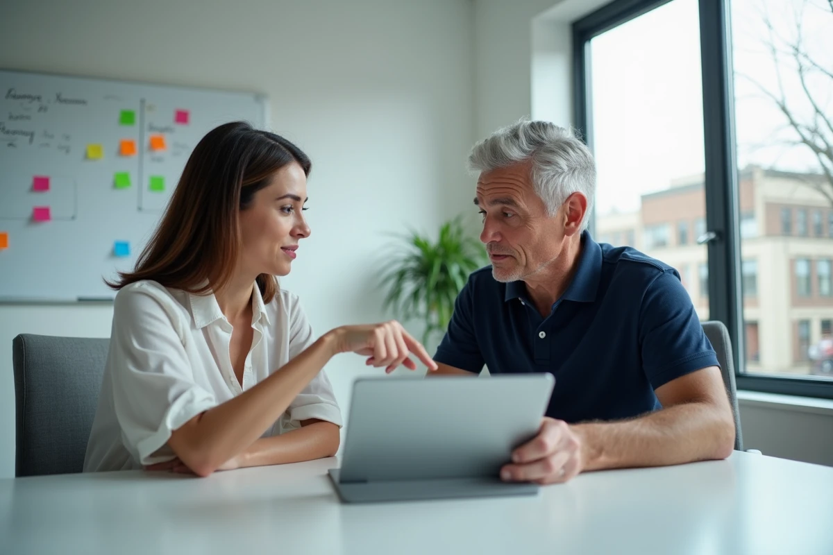 Séance d'onboarding SAFTI entre une nouvelle agente et son mentor consultant la plateforme omegasafti sur tablette en salle de réunion