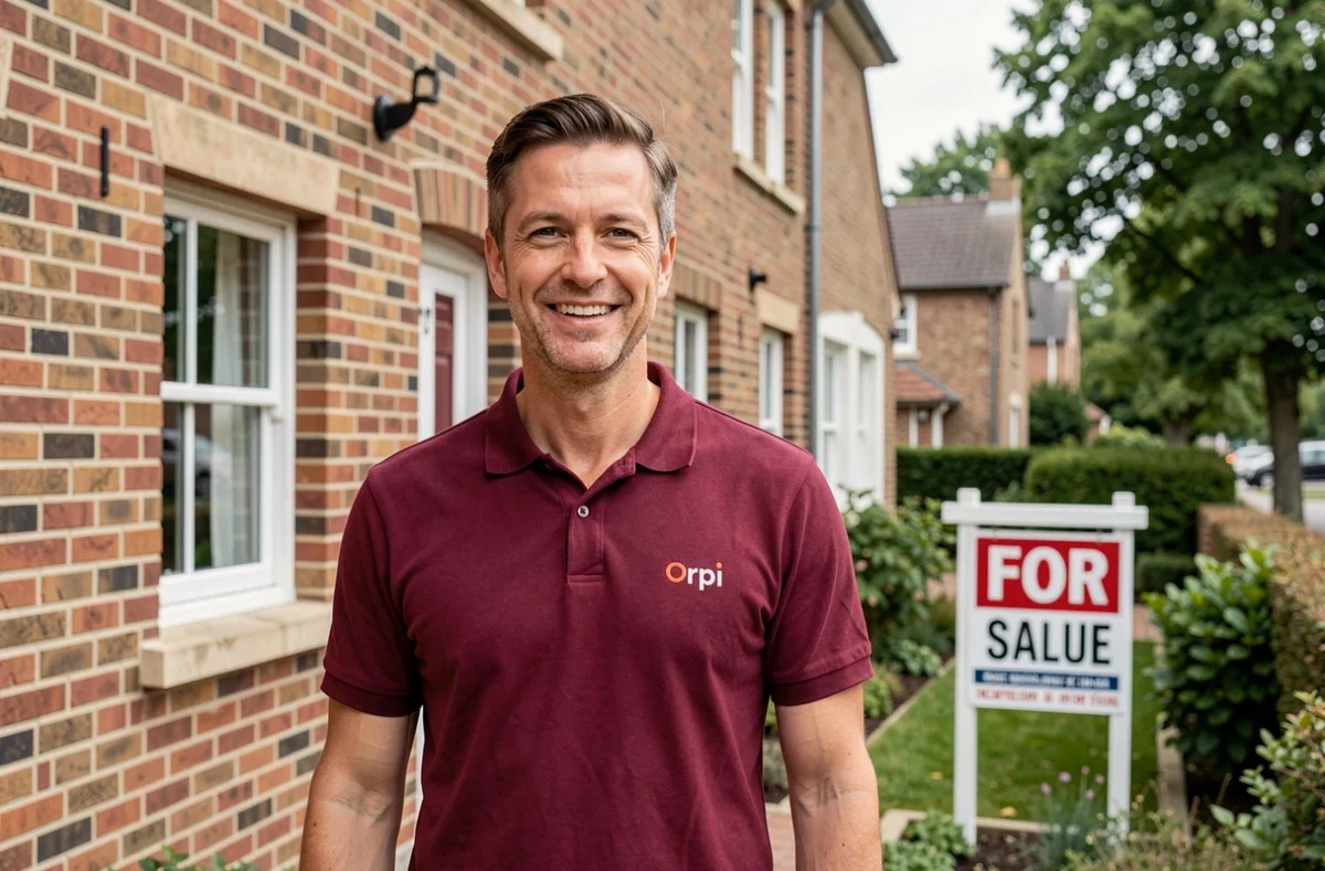 Agent Orpi devant une maison en brique à vendre dans un quartier résidentiel du Nord